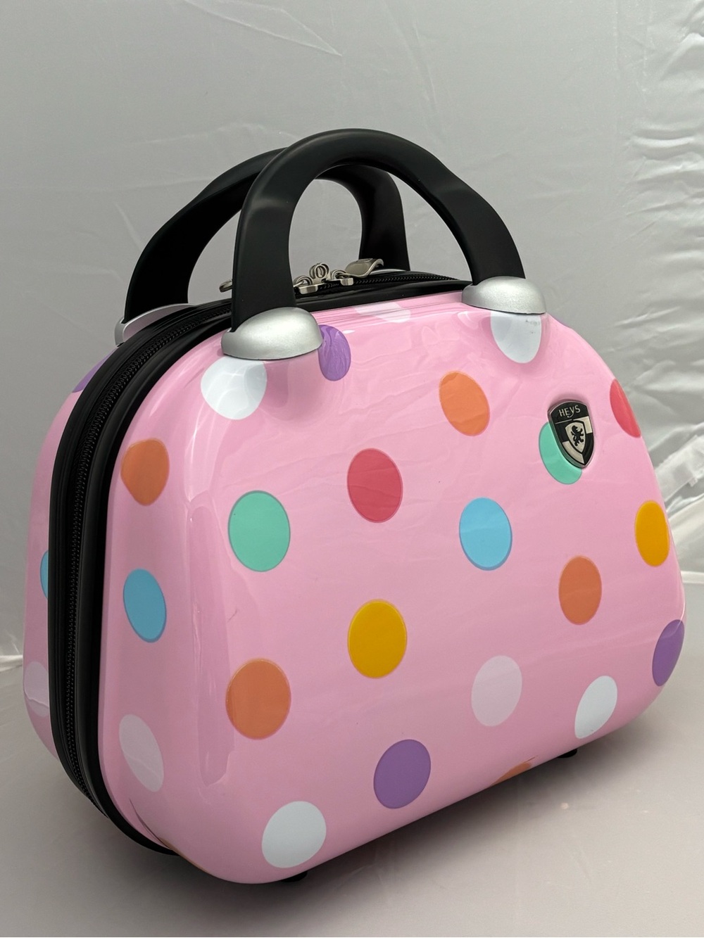 HEYS Pink Polka Dot Hard Shell Train Case Cosmetic & Travel Vanity Bag